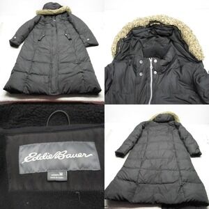 Eddie Bauer Down Jacket Womens Medium Black Faux Fur Hooded Trim Long Puffer